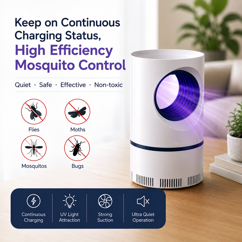 Mosquito control device on a table with text highlighting features