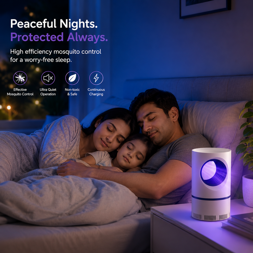 Family in bed with a mosquito control device on a nightstand, emphasizing peace and safety.