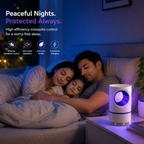 Family in bed with a mosquito control device on a nightstand, emphasizing peace and safety.