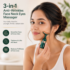 Woman using a 3-in-1 anti-wrinkles face neck eyes massager with product details on a light background.