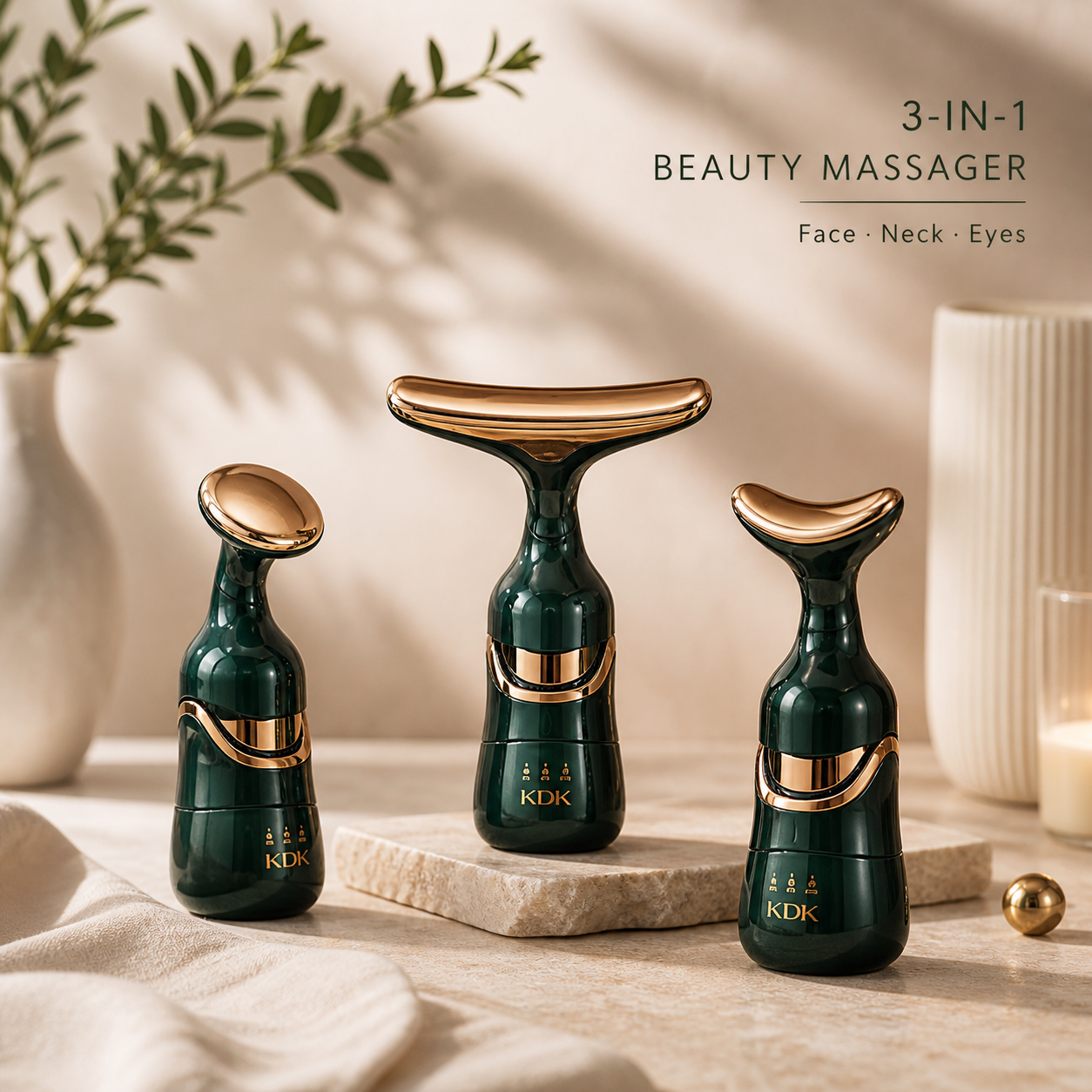 Three green and gold beauty massagers on a neutral background with 'KDK' branding.