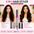 5-in-1 hair styler product with before and after images of a woman's hair, highlighting its features.